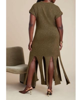 Women's Plus Size Lurex Sweater Dress W Fringes