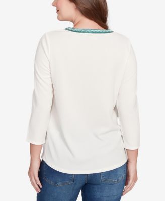 Petite Embellished Textured Split Neck Top