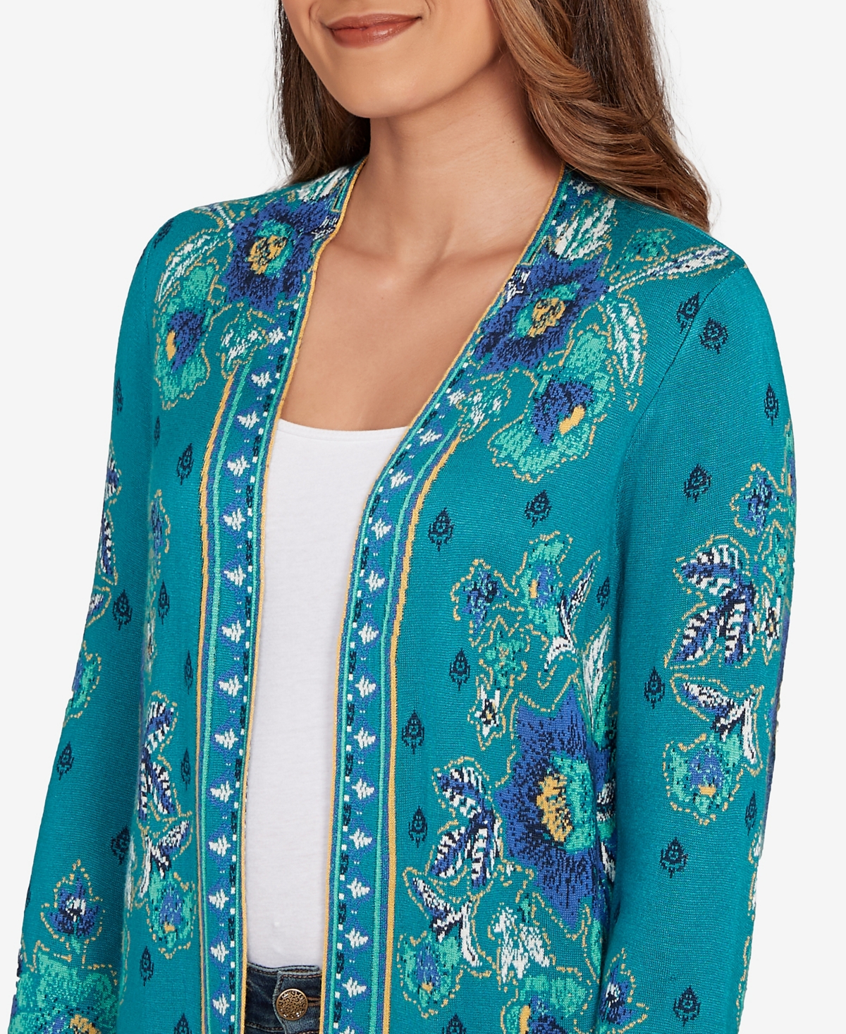 Ruby Rd. Petite Floral Open Front Cardigan Sweater In Black