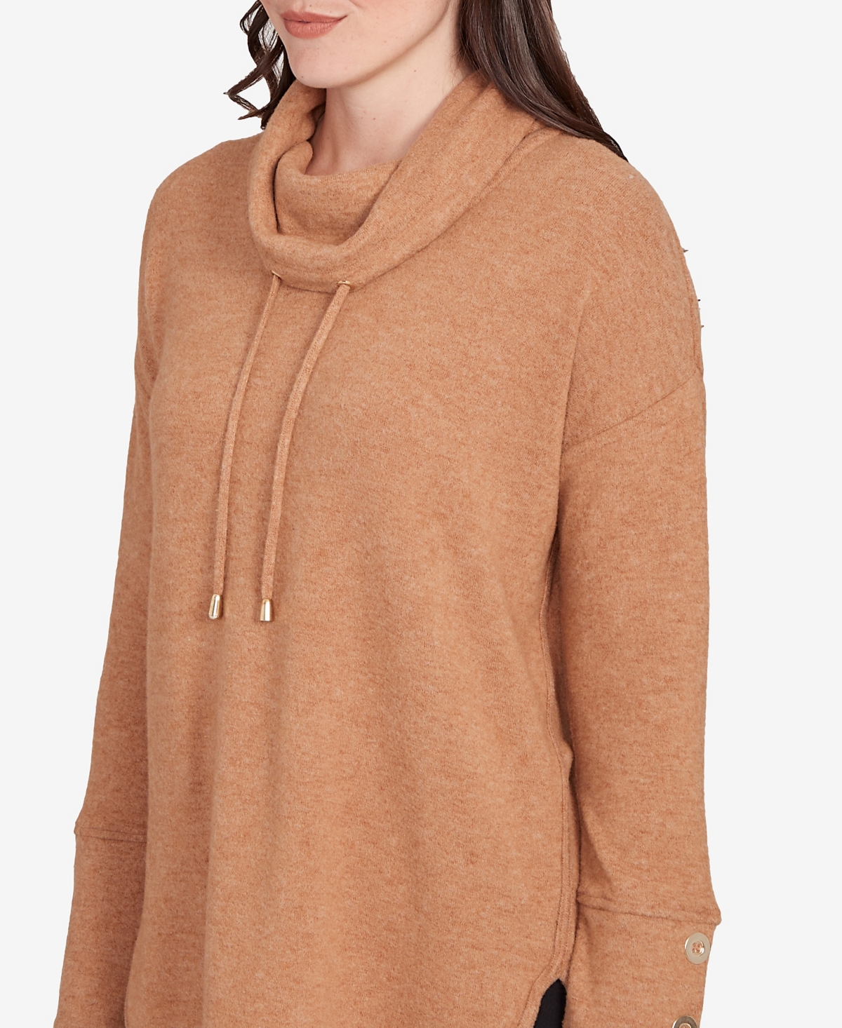 Ruby Rd. Petite Cozy Cowl Neck Drawstring Top In Brown