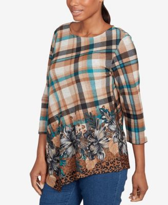 Petite Floral Plaid Cozy Ballet Neck Top