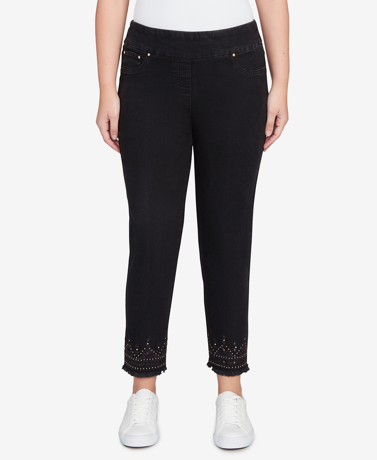 Ruby Rd. Petite Pull On Embroidered Hem Black Ankle Jeans In Black
