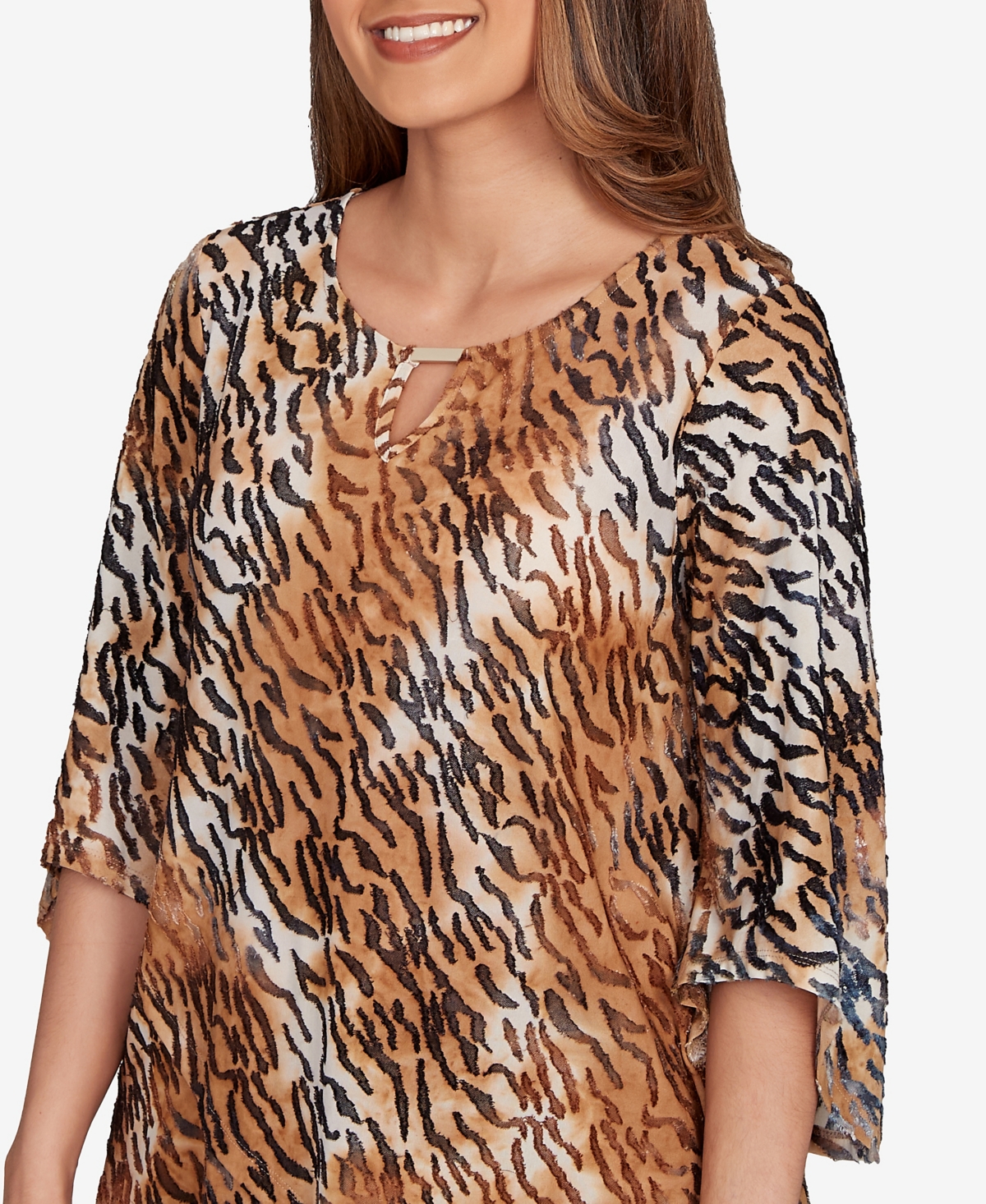 Ruby Rd. Petite Tie Dye Zebra Jacquard Textured Top In Brown