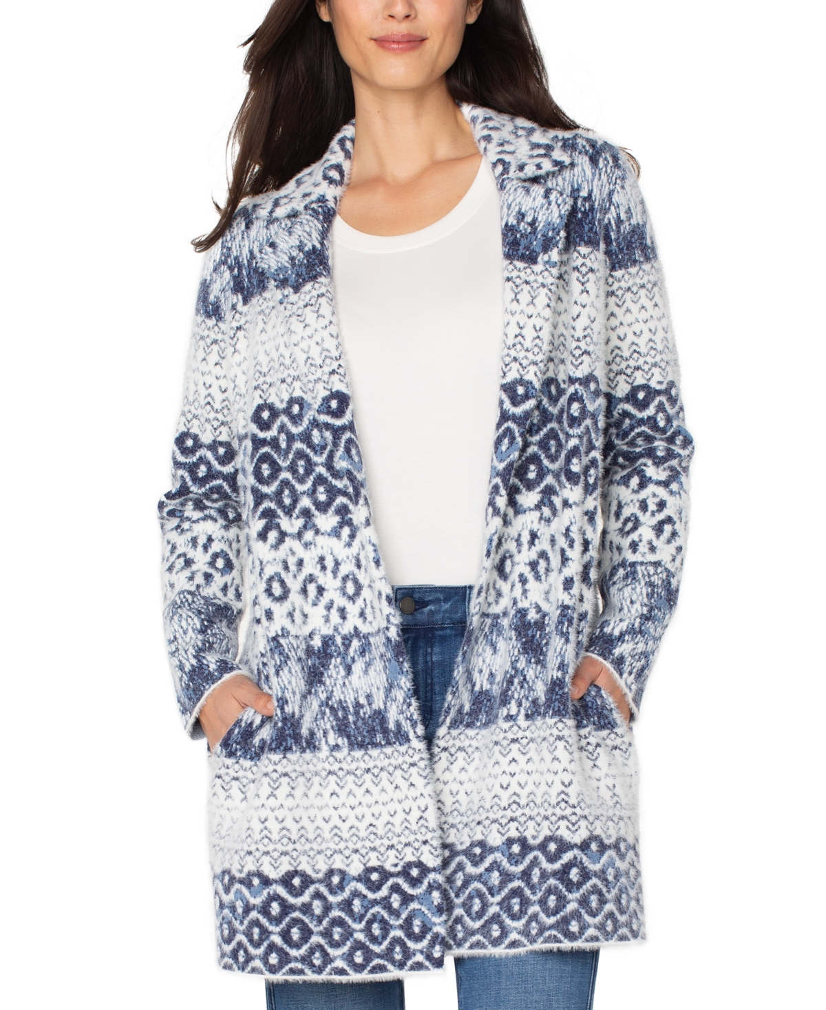 Liverpool Los Angeles Petite Open Front Coat Sweater In Blue