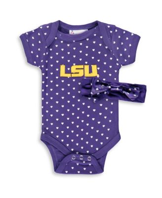 Two Feet Ahead - Girls Baby Boys and Girls Purple LSU Tigers Hearts Bodysuit and Headband Set