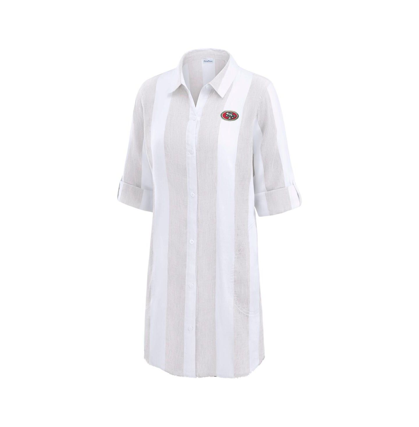 Женский топ Tommy Bahama Khaki/White San Francisco 49ers Rugby Beach Stripe Button-Up Tunic Top — фото 3