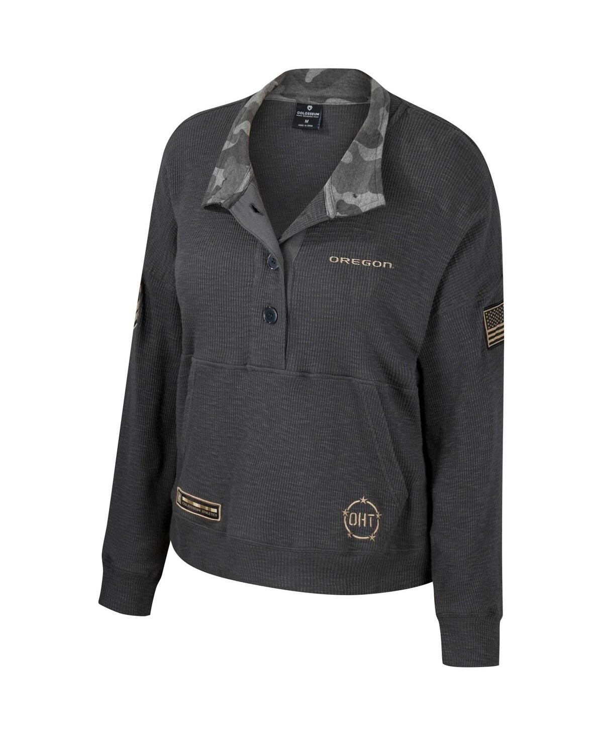 Colosseum Women's Heather Charcoal Oregon Ducks Oht Military Appreciation Payback Henley Thermal Sweatshirt In Gray