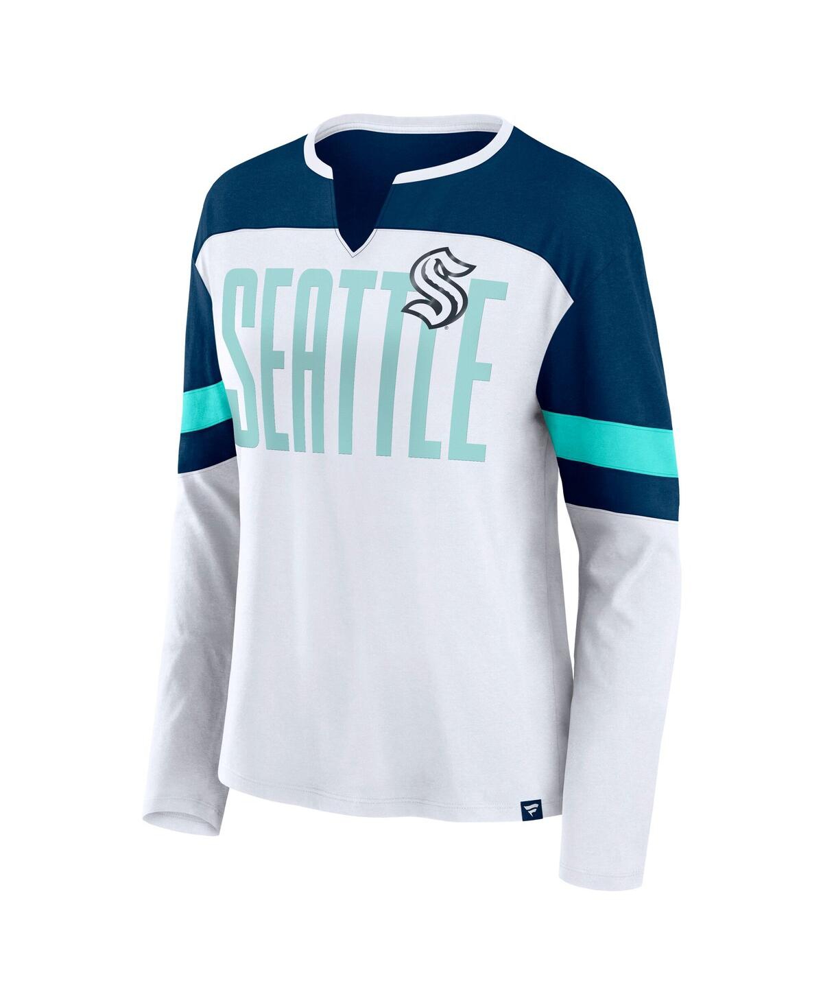 Fanatics Women's White/navy Seattle Kraken Frozen Long Sleeve Notch Neck T-shirt In White