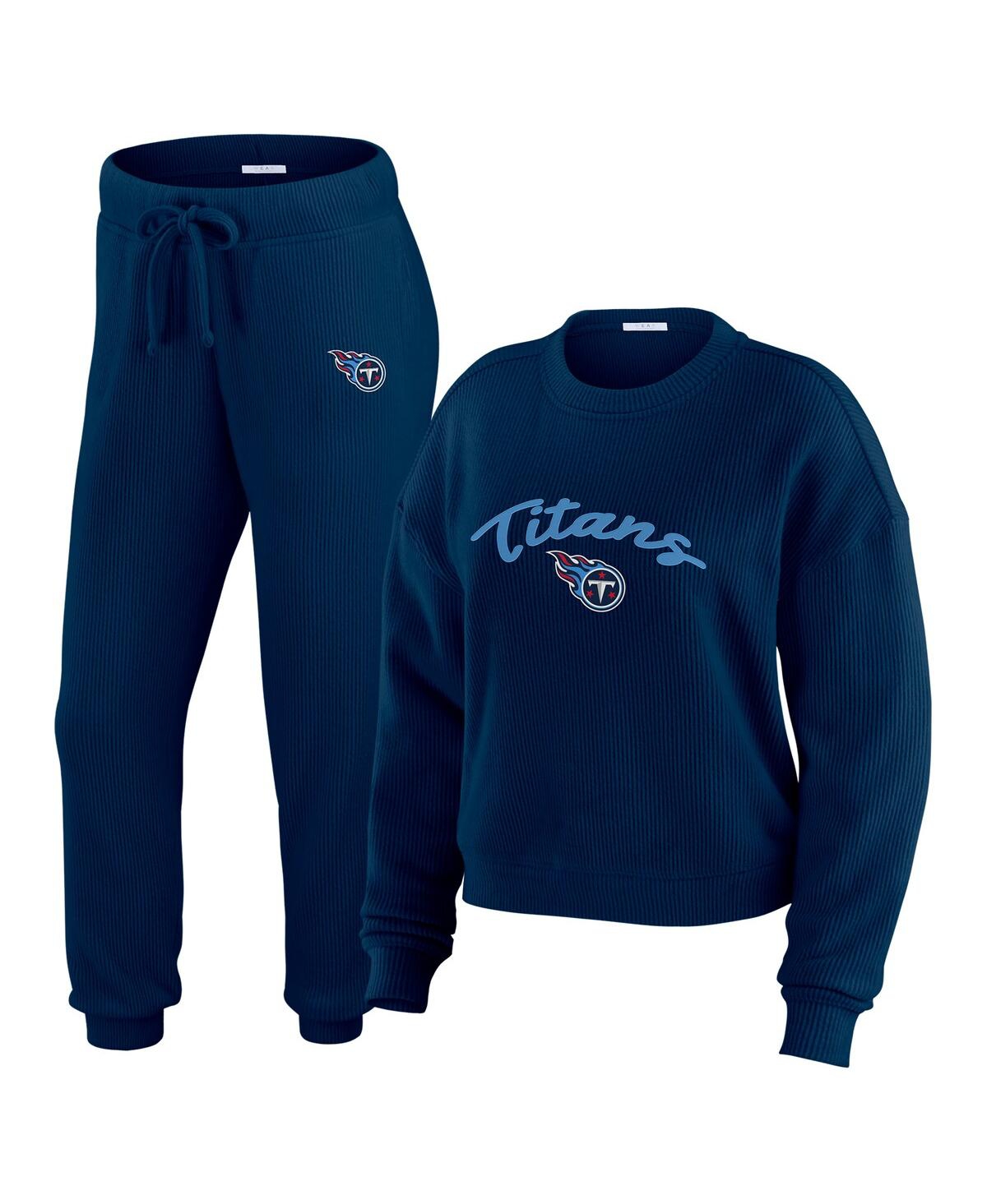 Wear by Erin Andrews Women's 2-Piece Cream Tennessee Titans Knitted Tri-Blend Long Sleeve T-Shirt and Pants Lounge Set - Navy
