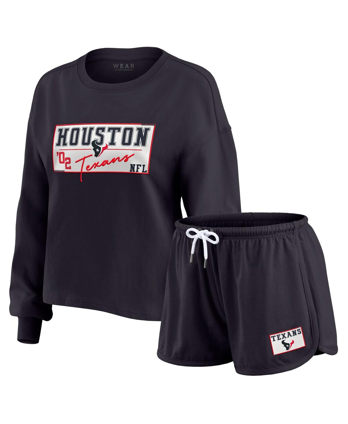 Wear By Erin Andrews Navy Houston Texans Heavy Rugby Jersey Long Sleeve T-shirt & Shorts Lounge Set In Black