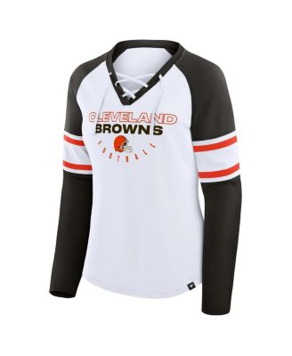Women's White/Brown Cleveland Browns Redzone Blitz Package Raglan Lace-Up V-Neck Long Sleeve T-Shirt