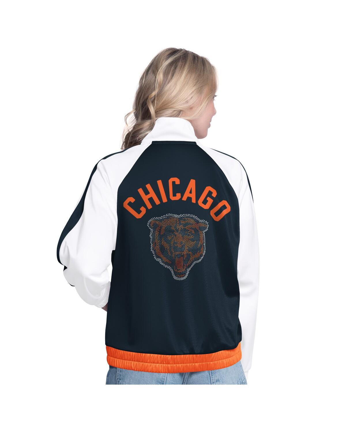 G-iii 4her By Carl Banks White/navy Chicago Bears Rally Rhinestone Full-zip Track Jacket In White
