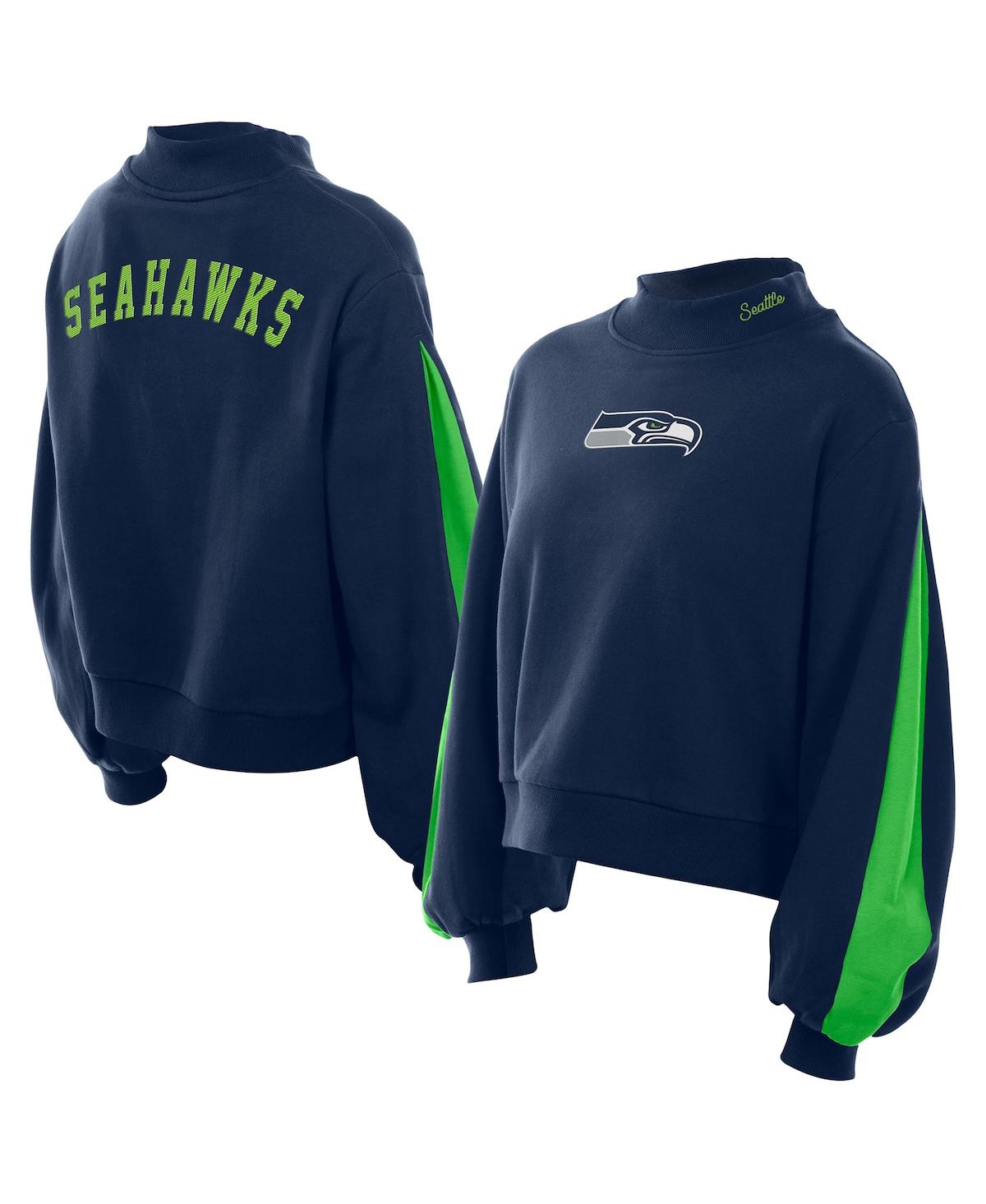 New Era Women's College Navy Seattle Seahawks Sport Night Mock Neck Balloon Sleeve Pullover Sweatshirt In Blue