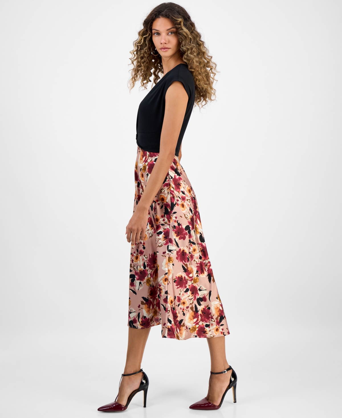 Robbie Bee Women's Colorblock Printed Cap-sleeve Midi Dress In Multi