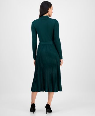 Women's Tie-Front Pleated Mock-Neck Sweater Dress