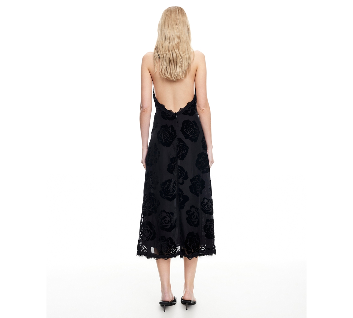 Lioness Stars Align Halterneck Lace Trim Open Back Devore Dress In Black