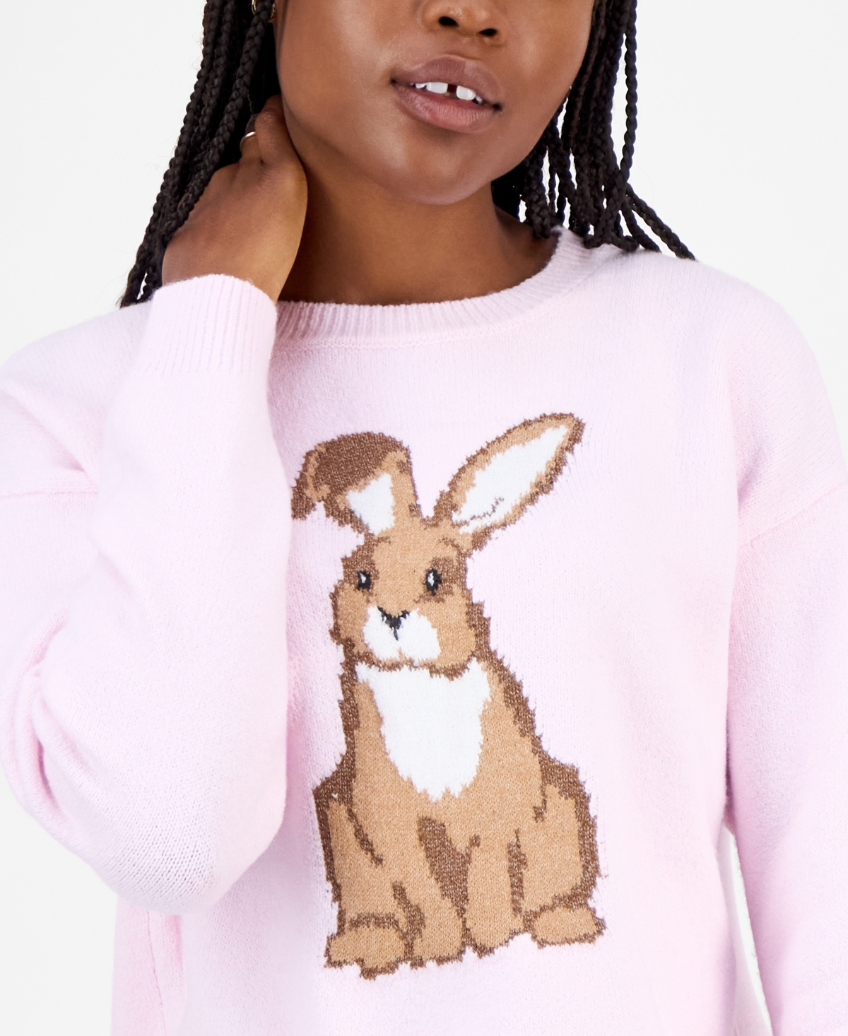 Hooked Up By Iot Juniors' Mossy Bunny Crewneck Sweater In Pink