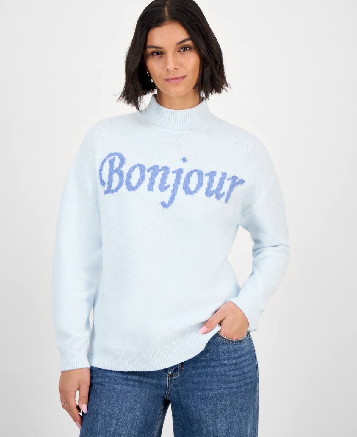 Hooked Up by Iot Juniors' Verbiage Mock Neck Sweater