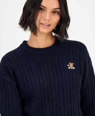 Juniors' Bear-Embroidered Cable-Knit Sweater