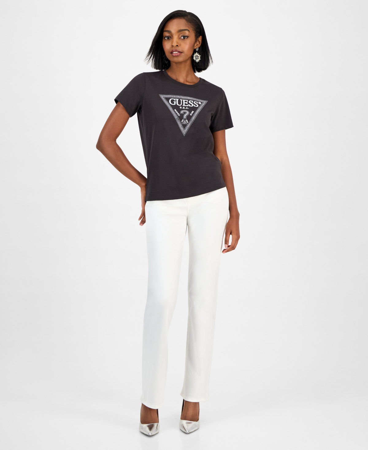 Guess Women's Embellished Triangle Short Sleeve T-shirt In Black