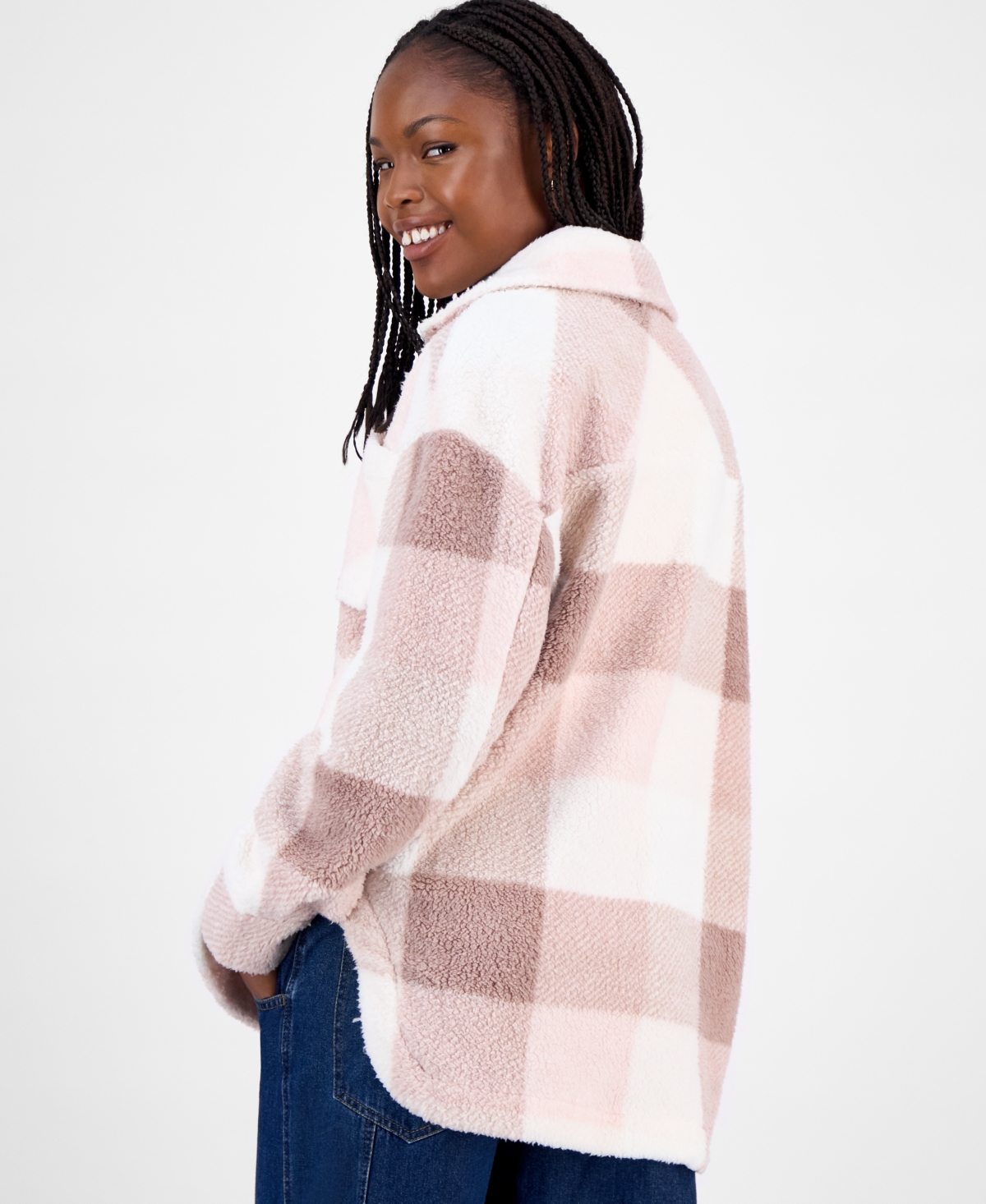 Hippie Rose Juniors' Collared Long-Sleeve Plaid Shacket