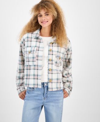 Just Polly - Juniors' Plaid Chest-Pocket Shirt Jacket