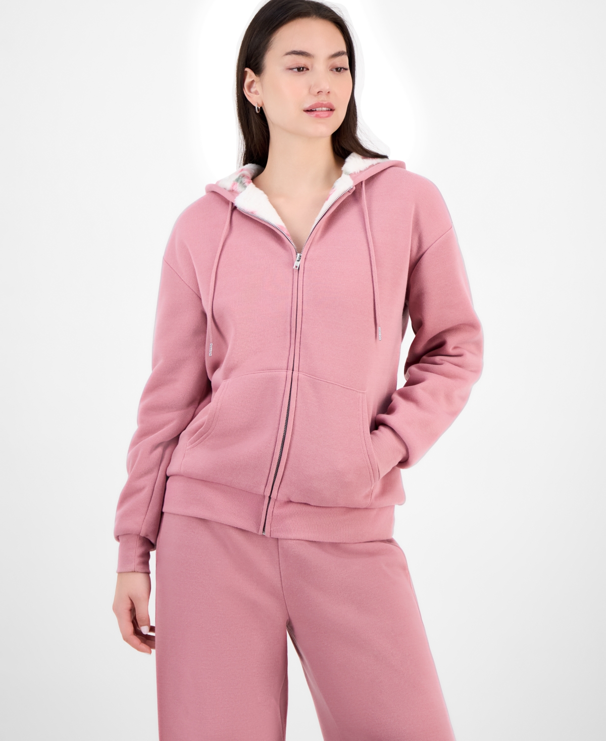 Ultra Flirt Juniors' Full-zip Faux-fur-lined Hoodie In Pink