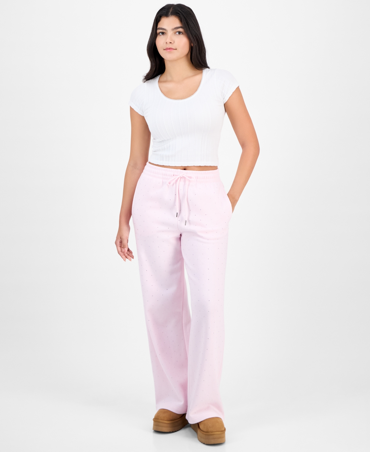 Madden Girl Juniors' Rhinestone-front Wide-leg Sweatpants In Pink