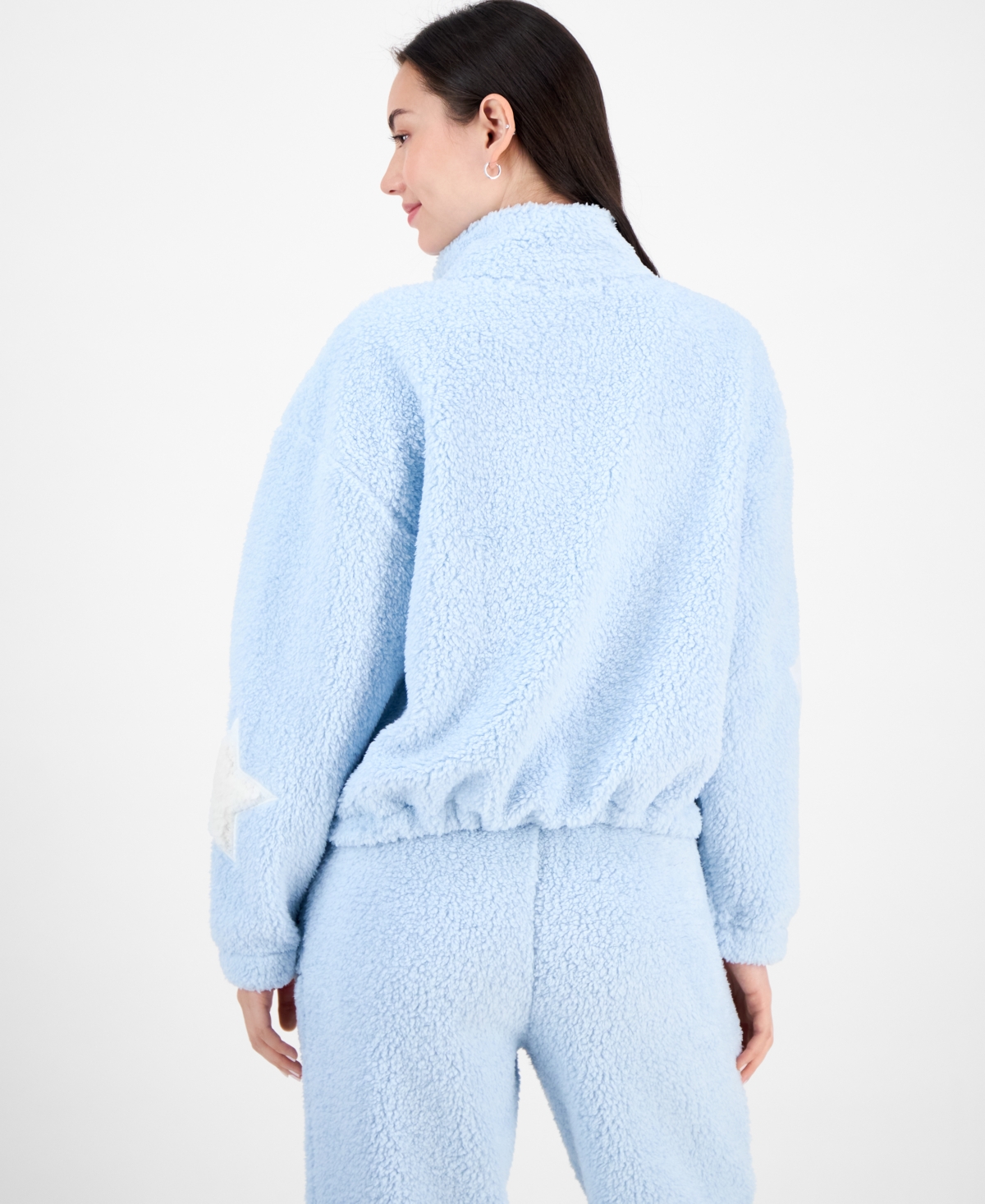 Madden Girl Juniors Star Sherpa Zip Up Sherpa Fleece Sweatpants In Blue