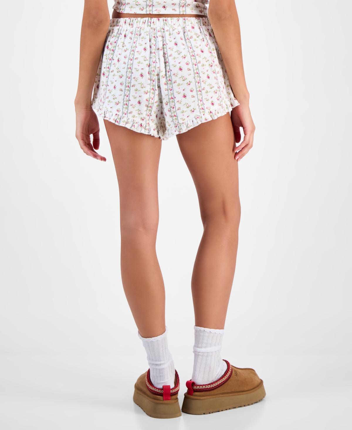 Just Polly Juniors' Pointelle Ruffle-hem Lounge Shorts In White