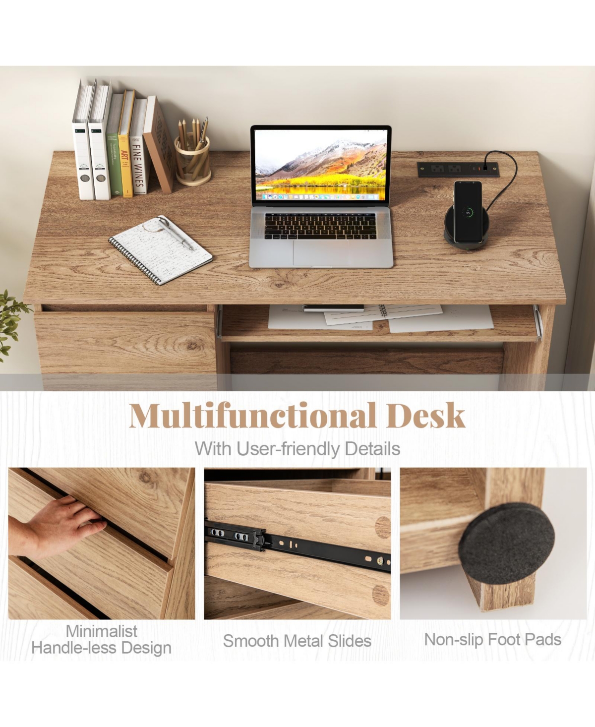 Mecale Computer Desk with Power Outlet Keyboard Tray and 3 Large Drawers