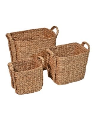 Clara Farmhouse Classic Hand-Woven Hyacinth Rectangle Storage Floor Baskets with Handles (Set of 3)
