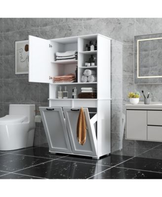 Laundry Cabinet with Doors, Tilt-Out Hamper, Open and Adjustable Shelves
