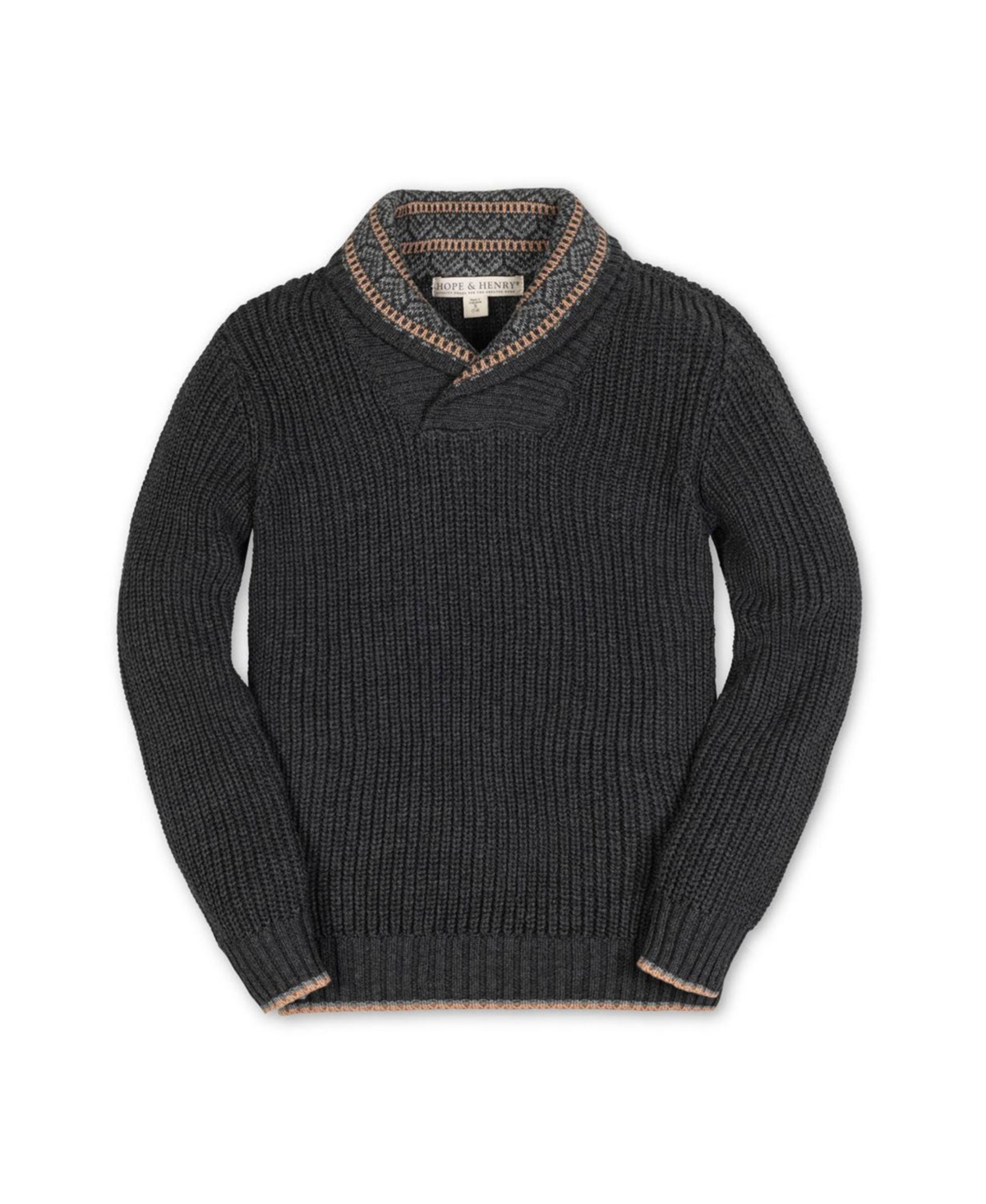 Hope & Henry Boys Organic Long Sleeve Shawl Collar Sweater with Intarsia Detail - Charcoal heather with detail