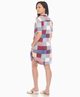 Women's Short Sleeve Plaid Button-Down Shirt Dress