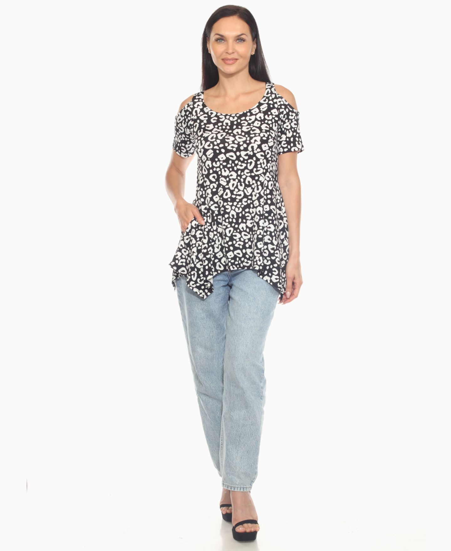 Женский топ White Mark Cold Shoulder Leopard Print Short Sleeve, цвет: Чёрный — фото 2