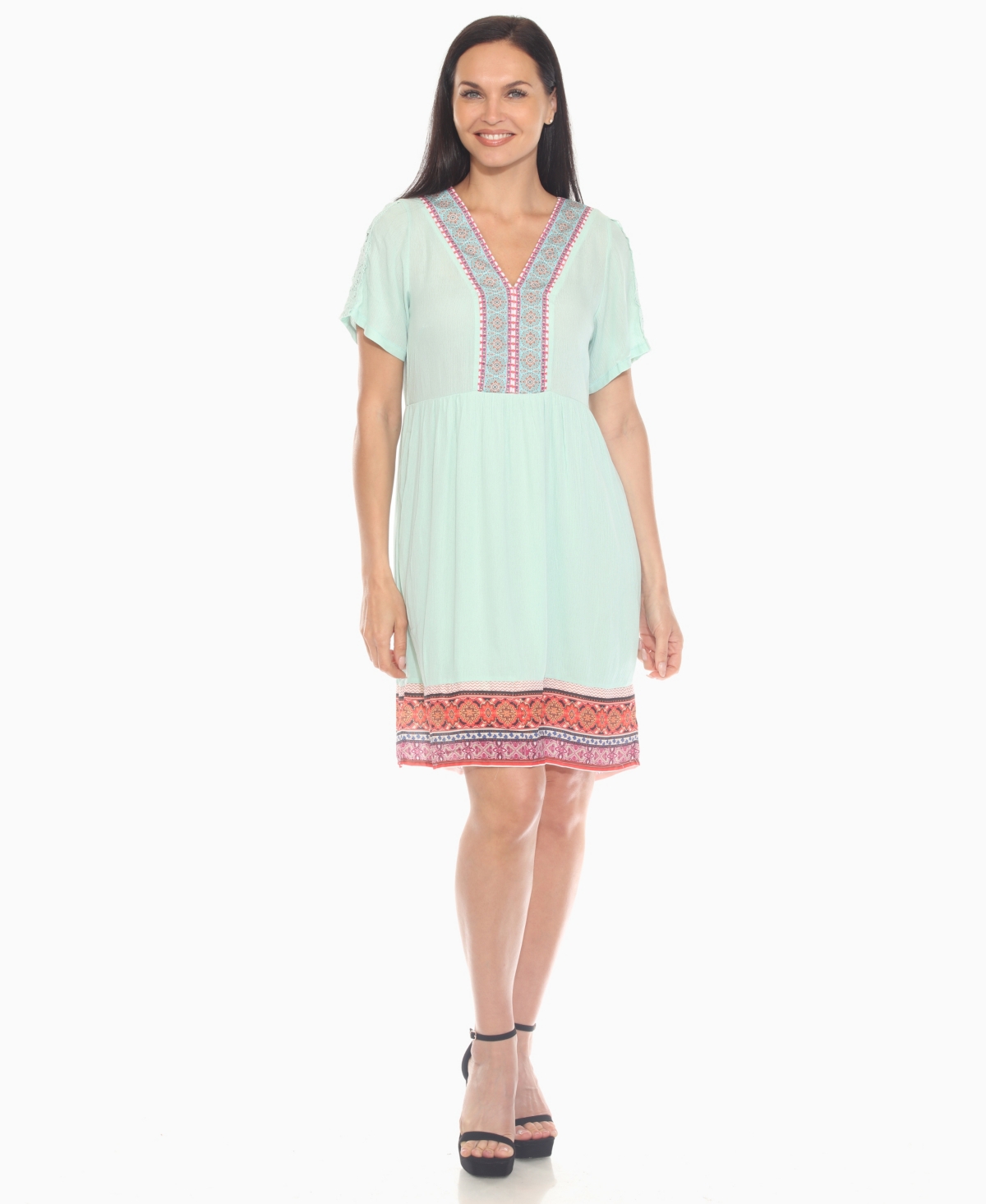 White Mark Women's Short Sleeve Embroidered V-neck Shift Dress In Green