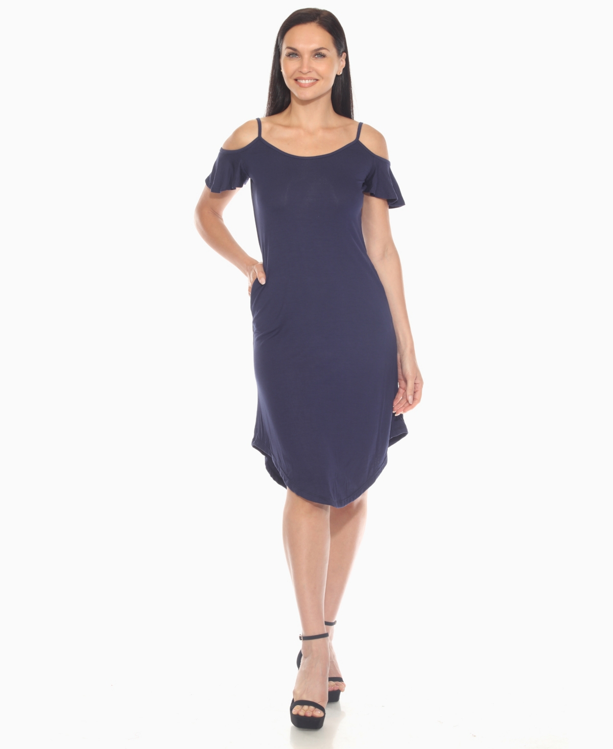 White Mark Women's Casual Scoop Neck Flutter Sleeve Knee Length Dress In Blue