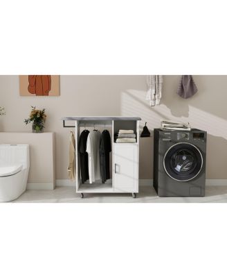 Rolling Ironing Cabinet with Foldable Ironing Board and Storage Shelves