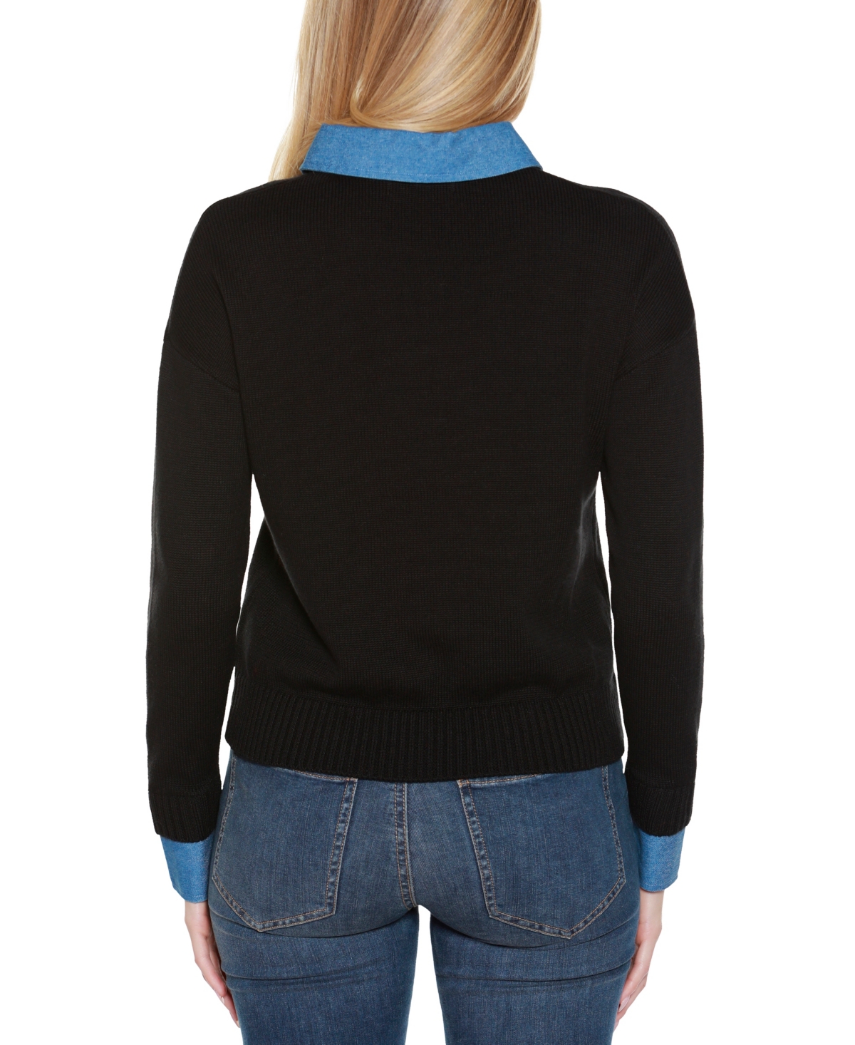 Belldini Plus Size Denim-trim Two-fer Sweater In Black