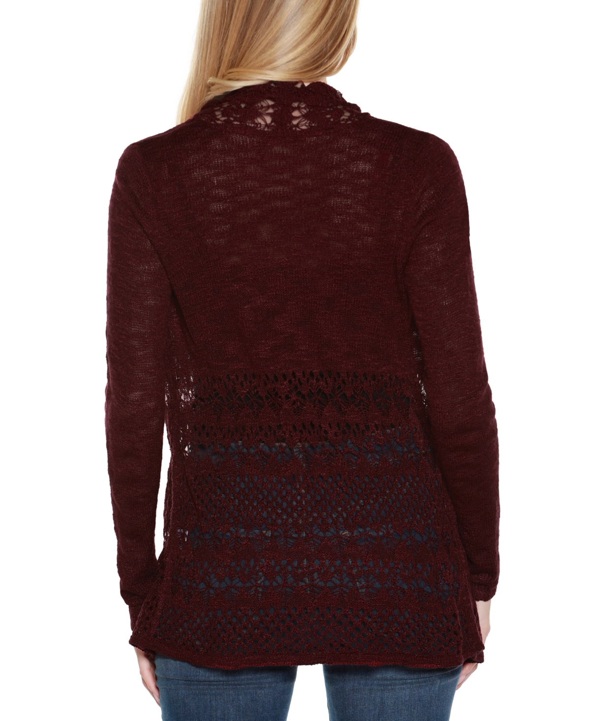 Belldini Women's Open-front Pointelle-trim Cardigan Sweater In Burgundy