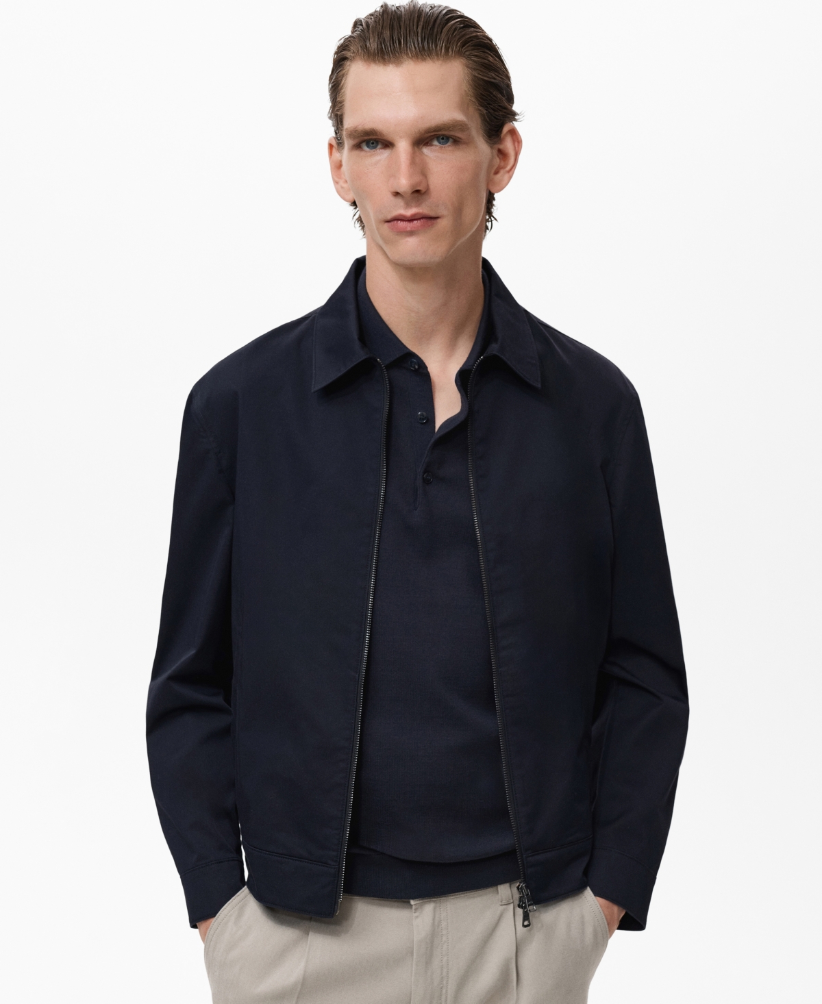 Mango Cotton Blend Zip-up Jacket In Blue