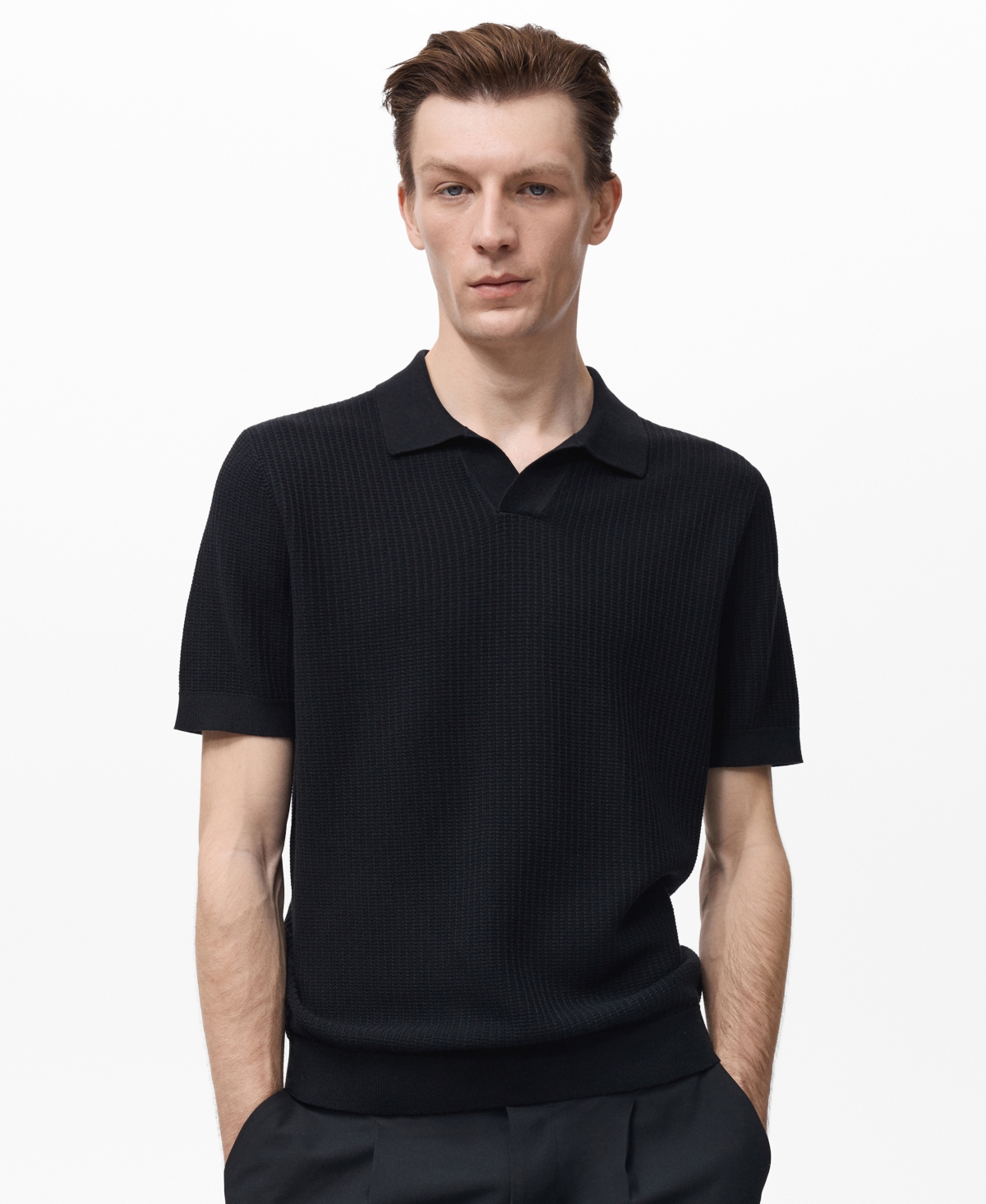 Mango Structured Fine Knit Polo In Black