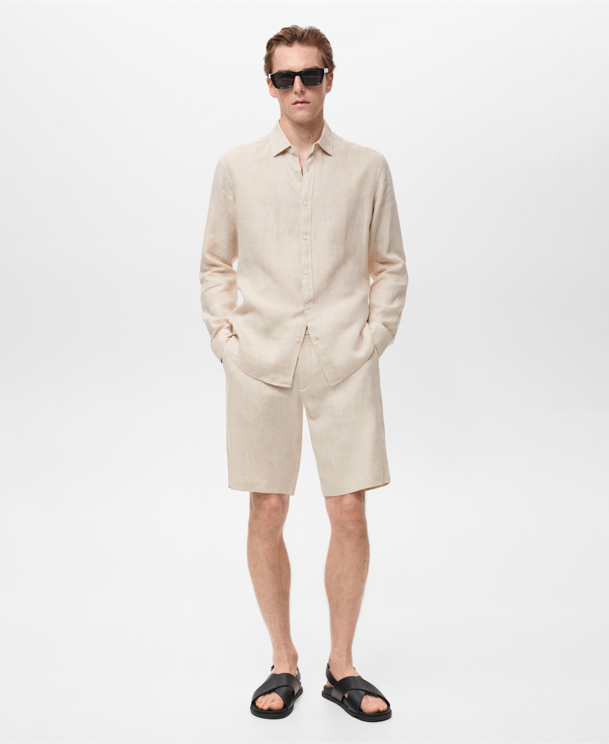 Mango Classic Fit Linen Button-up Shirt In Nude