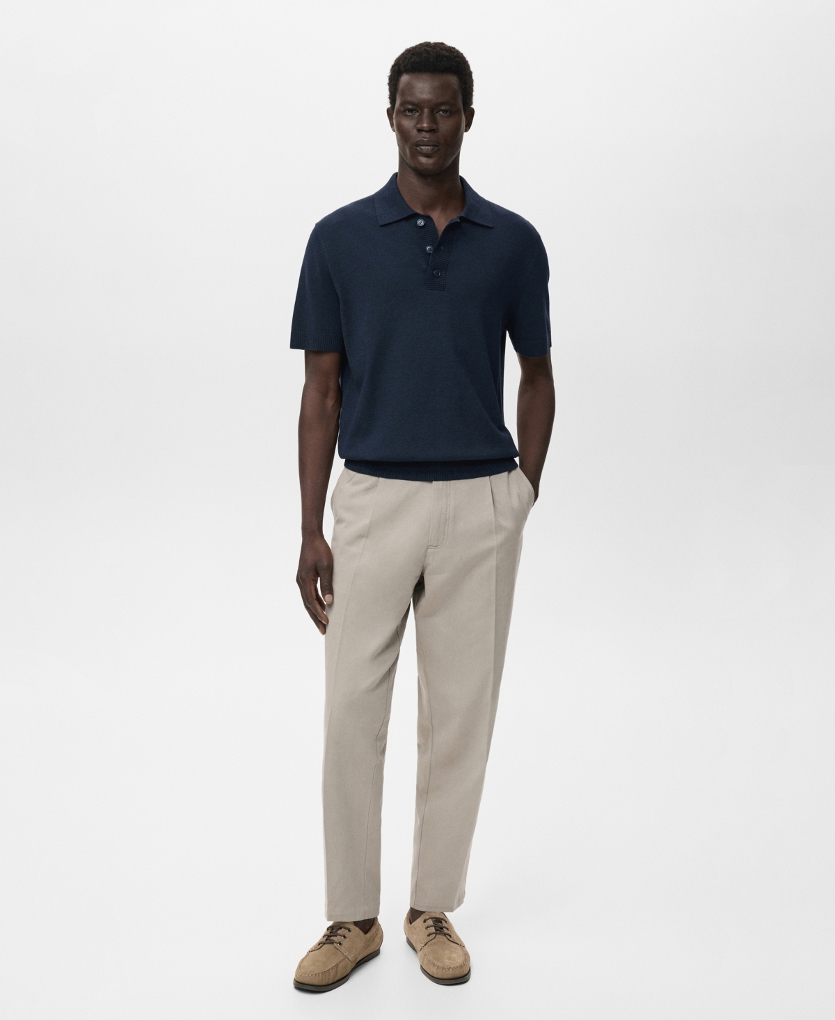 Mango Cotton Blend Knit Polo In Blue