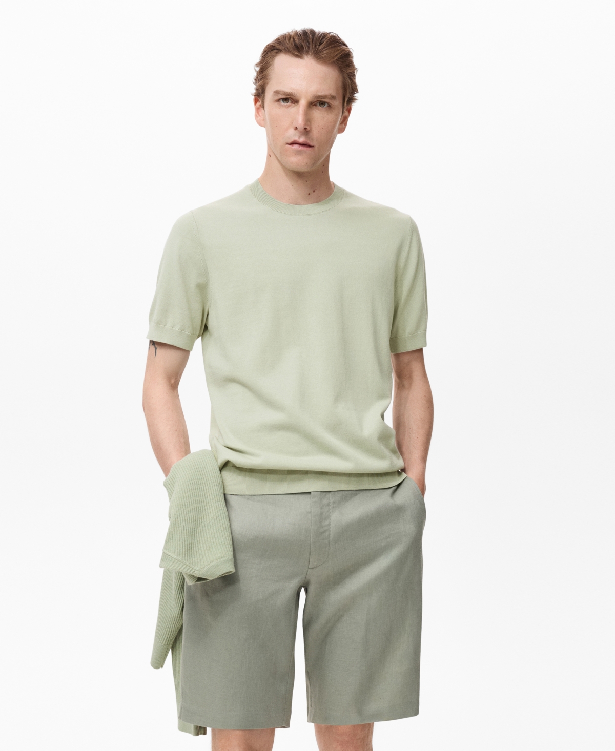 Mango Short Sleeve Cotton Crewneck Sweater In Green
