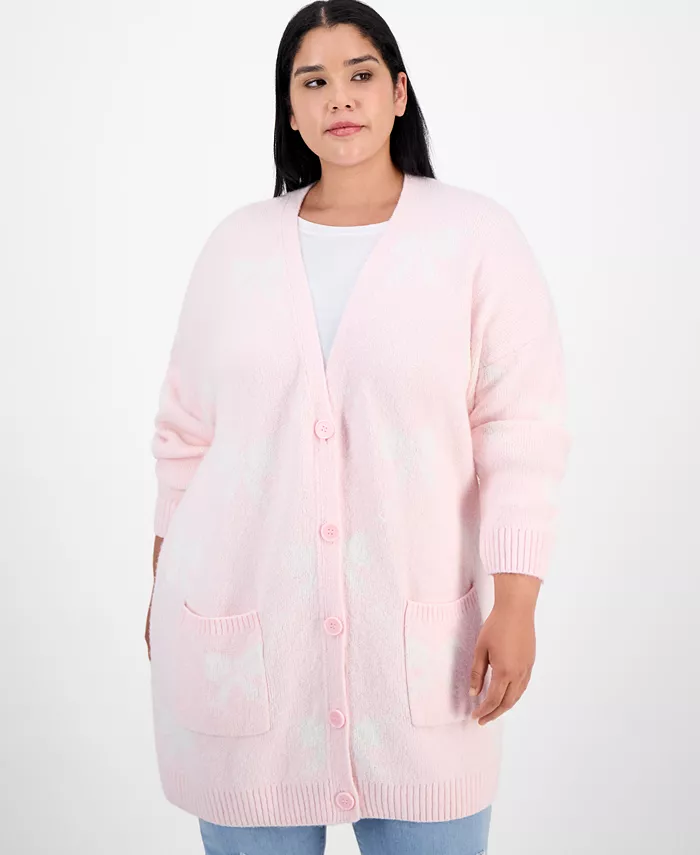 Trendy Plus Star-Print Open-Front Long Cardigan