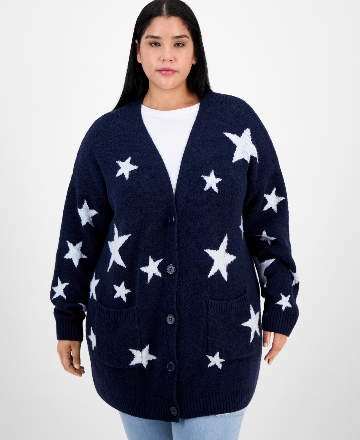 Hippie Rose Trendy Plus Star-Print Open-Front Long Cardigan