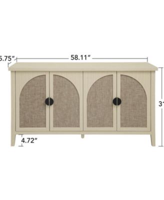 CASAINC 58.11" 4-Door Pine & Engineered Rattan Adjustable Shelves, Anti-Dumping Device, Non-Slip Pads Rattan Storage Cabinet