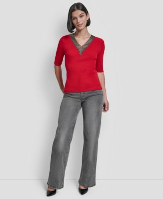 Women's Embellished-Neck Half-Sleeve Ribbed Sweater